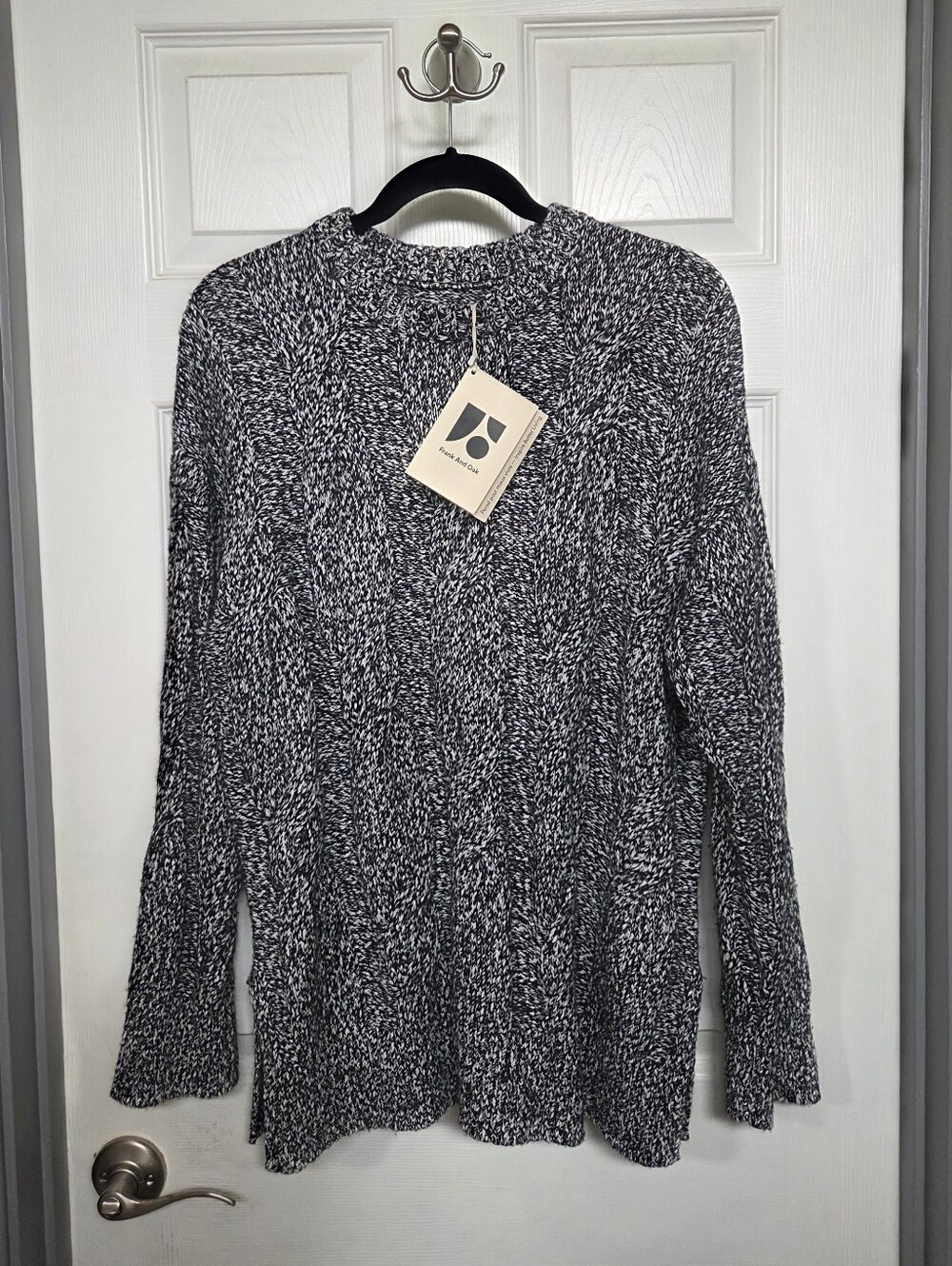 Frank And Oak Black White Marled Cable Knit Merinio Wool Blend Winter Sweater M